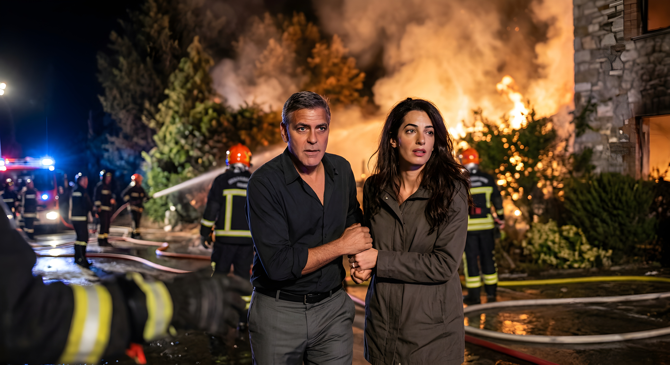 George og Amal Clooney flygter fra voldsom brand