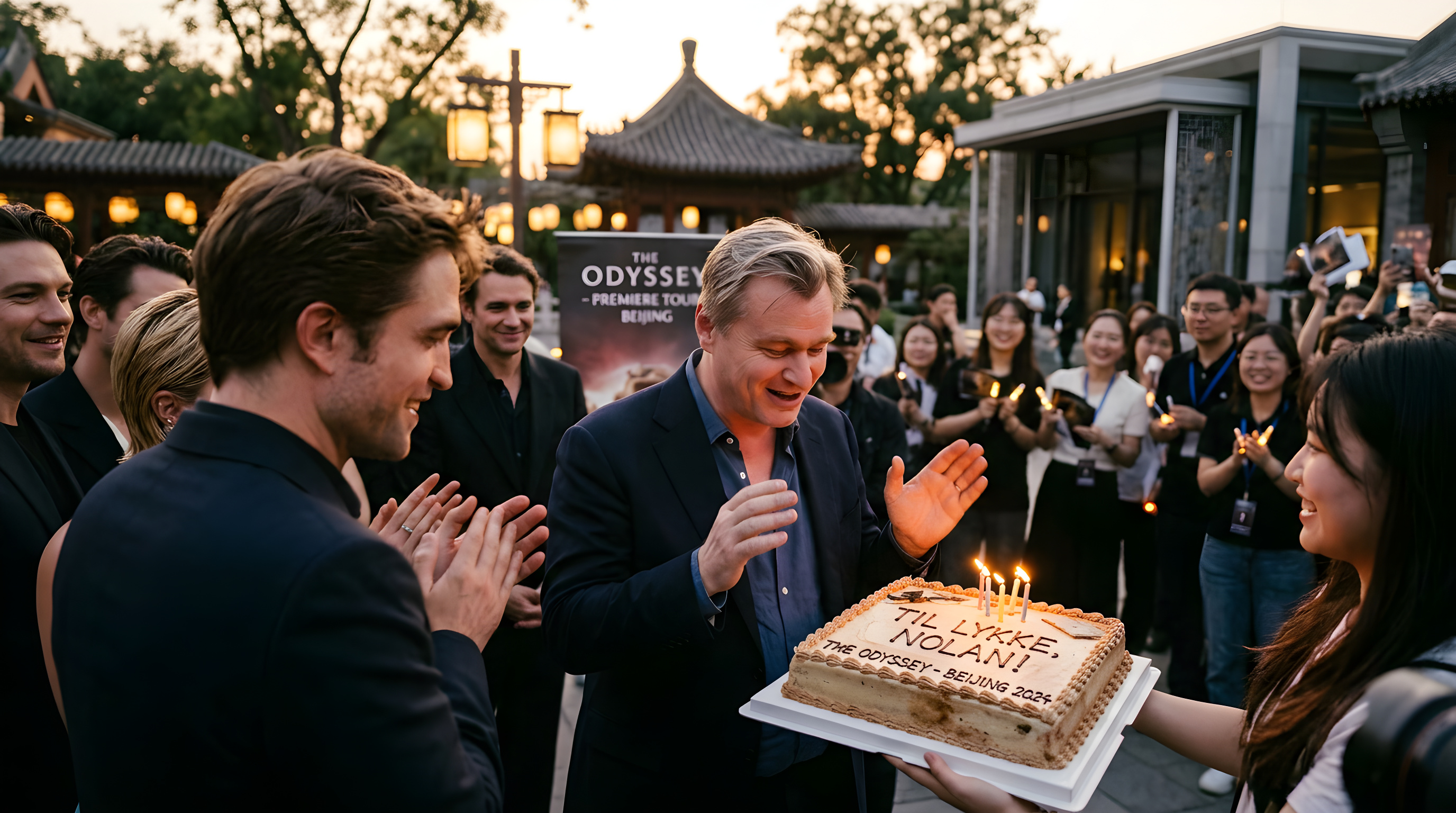Stjerner overrasker Christopher Nolan med fødselsdagskage