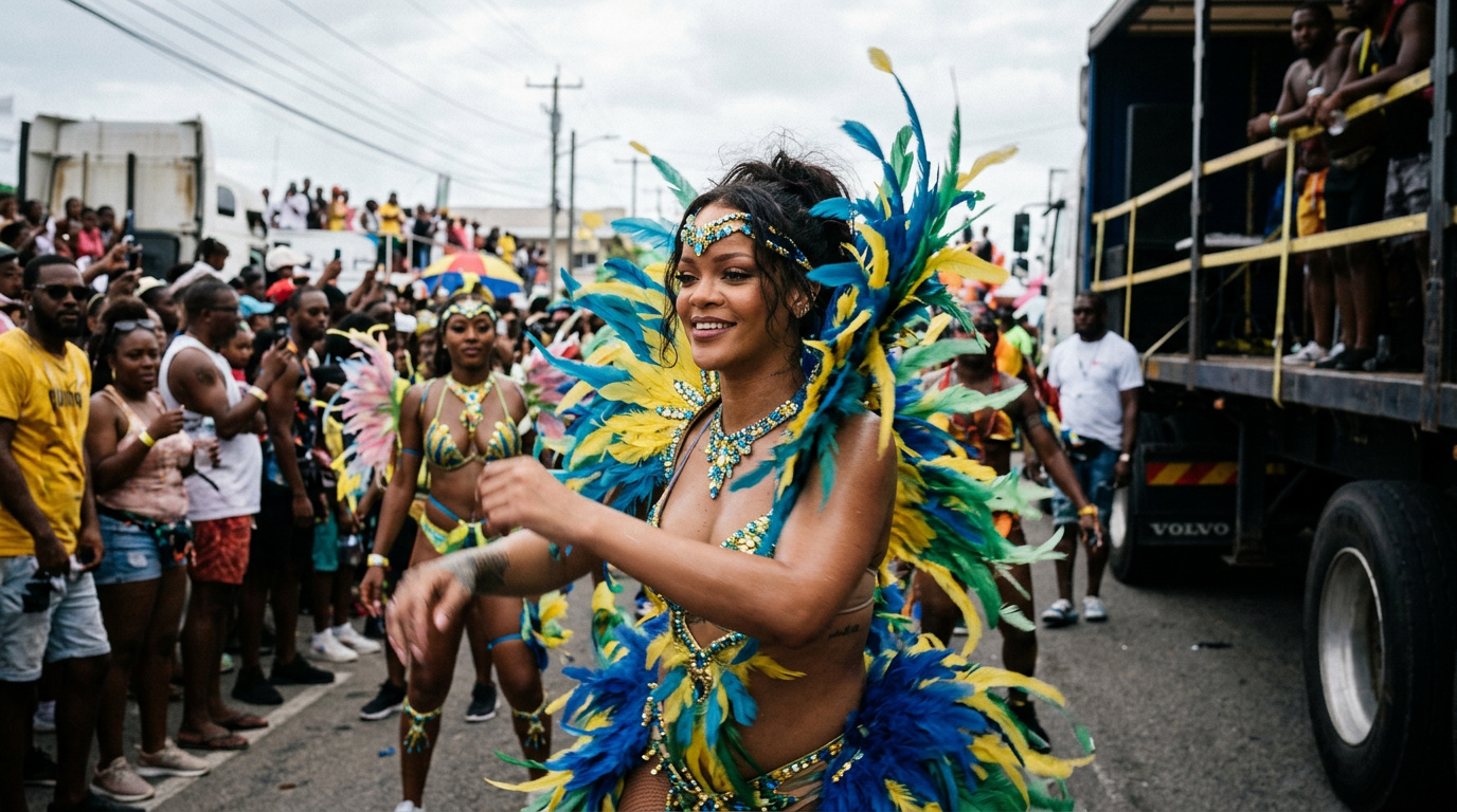 Rihanna bjergtager alle i vildt fjer-look på Barbados