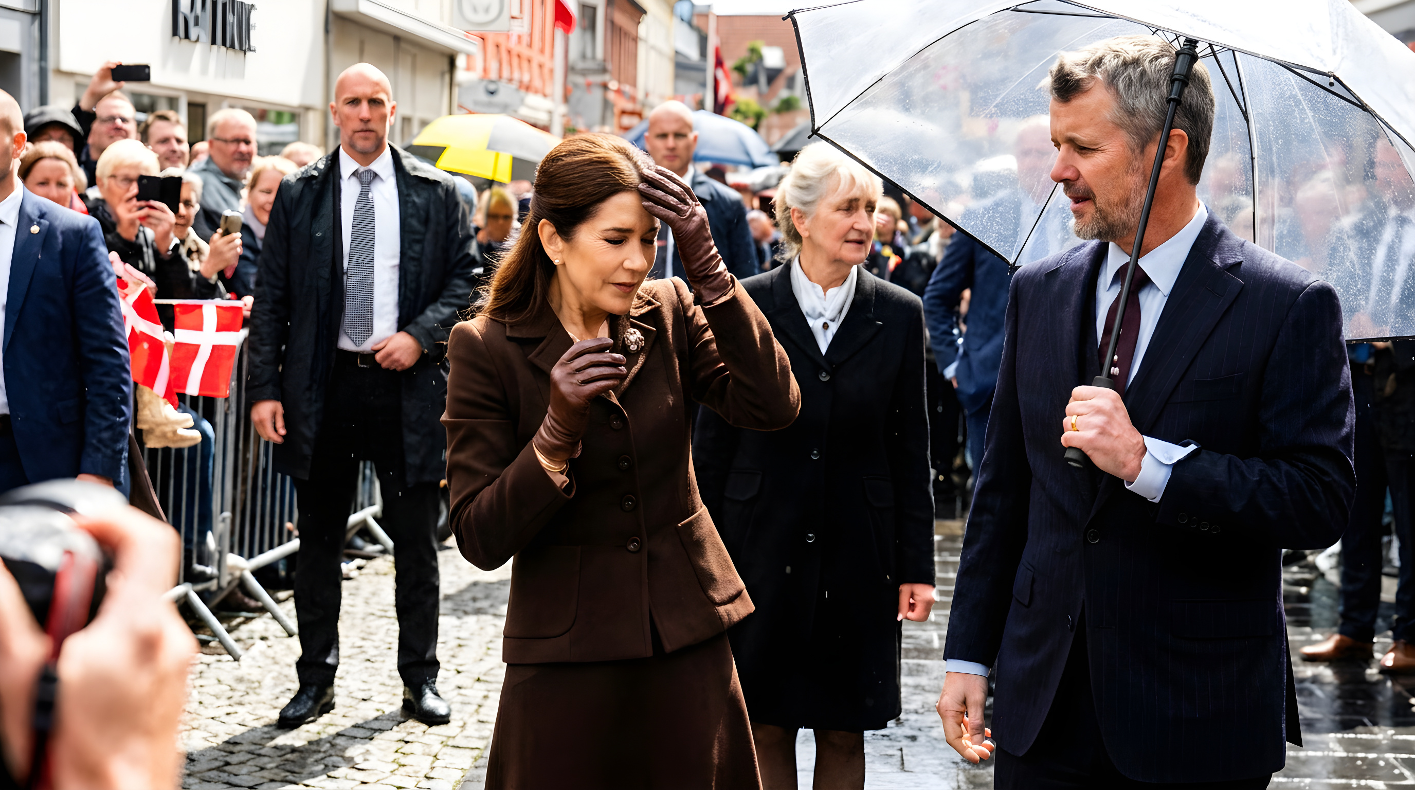 Dronning Mary fik en paraply i hovedet under besøg