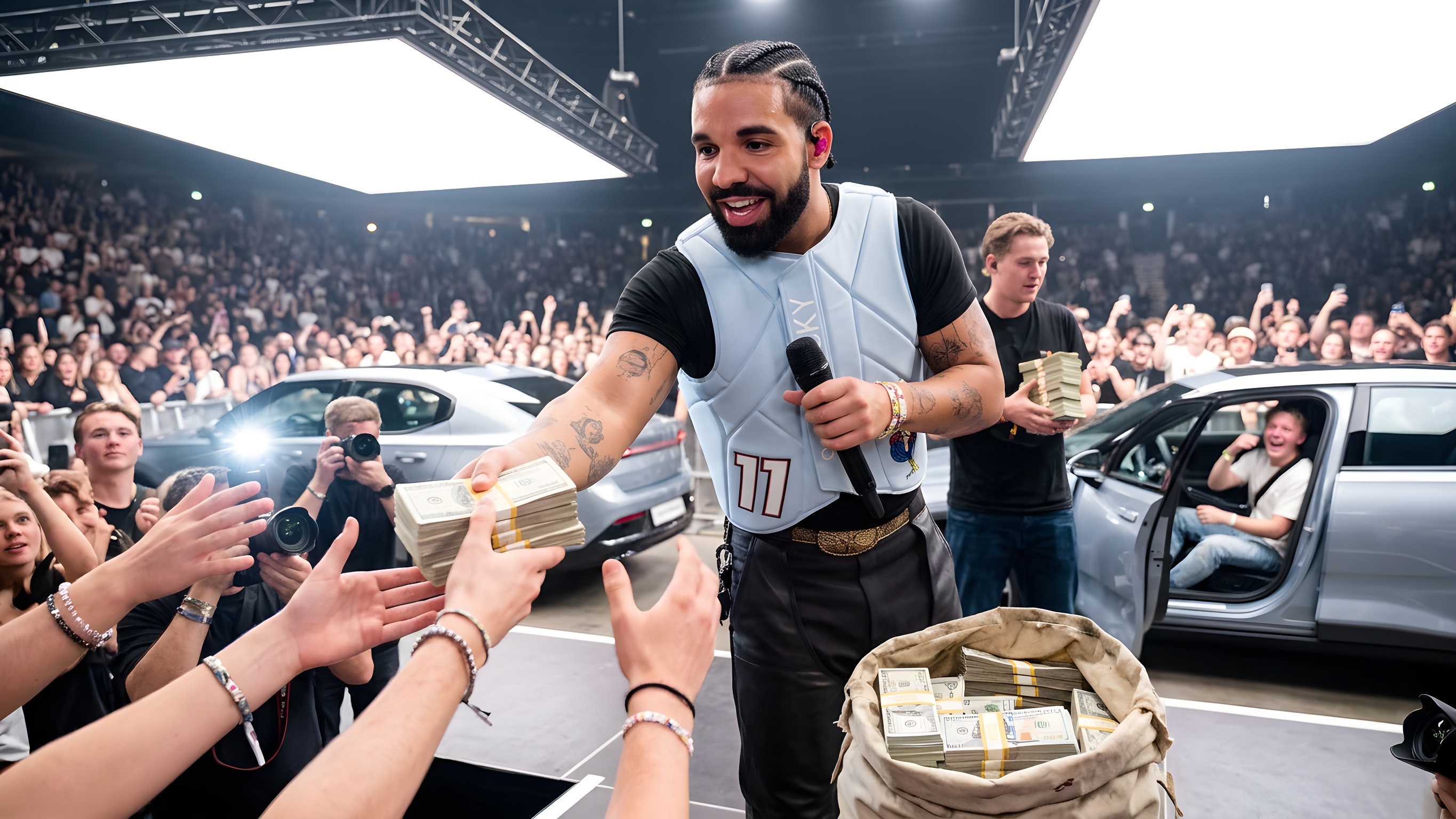 Drake uddeler biler og store bundter af kontanter
